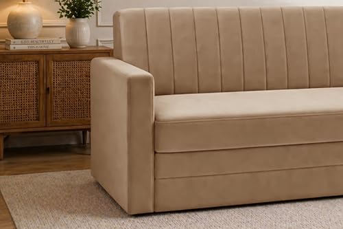 Image of Modern Velvet 3-Seater Sofa Cum Bed with Armrest, Convertible Sleeper Couch Sofa for Living Room, Bedroom & Office-Golden