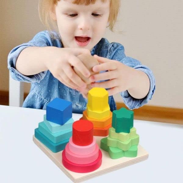 Image of SHINETOY ENTERTAIN KIDS Montessori Geometric Stacker Column Building Blocks for Preschool Toddlers 1-3 Children 4 Post Square|Baby | Toys for Baby | Developmental Toys, 16 Pcs