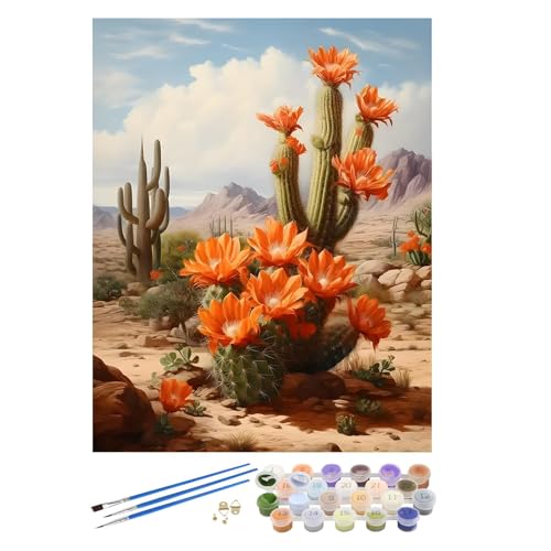 EOBROMD Peinture Numéros Adulte Cactus, DIY Fleurs Peinture Acrylique pour Adultes Débutants sans Cadre, Paysage de Gobi Peinture Acrylique Peinture comme Cadeau et Décoration 40x50cm