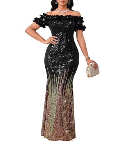 Image of dasmzper Women Sexy Sequin Off Shoulder Ruffle Short Sleeve Bodycon Mermaid Party Formal Evening Maxi Dress