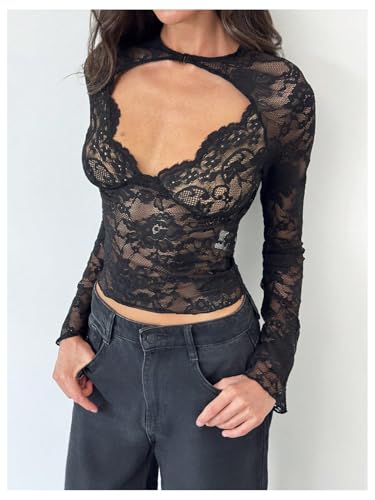 MakeMeChic Women's Lace Sheer Top Y2k Bell Sleeve Cut Out T Shirt Fitted Crop Tops3