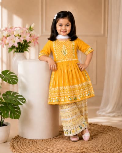 Image of Girls Embroidered Printed Kurta with Printed Palazzo Set, Ethnic Wear, 3-Piece