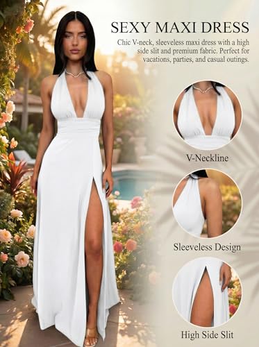 Image of Ekaliy Womens Sexy Halter Deep V Neck Maxi Dress Sleeveless Backless Split Long Dress