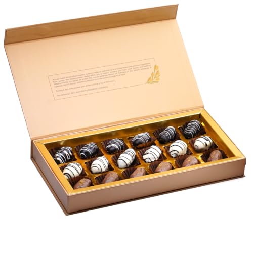 Image of NATUF Dates Chocolate Gift Box - White & Dark Chocolate Coated Dates | Luxurious Middle Eastern Treat | Premium Chocolate Dates Sweet Gift Box for Gifting & Snacking | 100% Plant-Based Healthy Snack | 18 Pcs (300g)