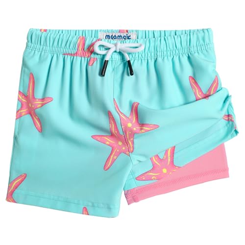 maamgic Boys Swim Trunks with Compression Liner Toddler Stretch Swim Shorts Quick Dry Swimming Trunks Boxer Brief 2 in 1 Beach Shorts Blue Sun Starfish 7 - 2