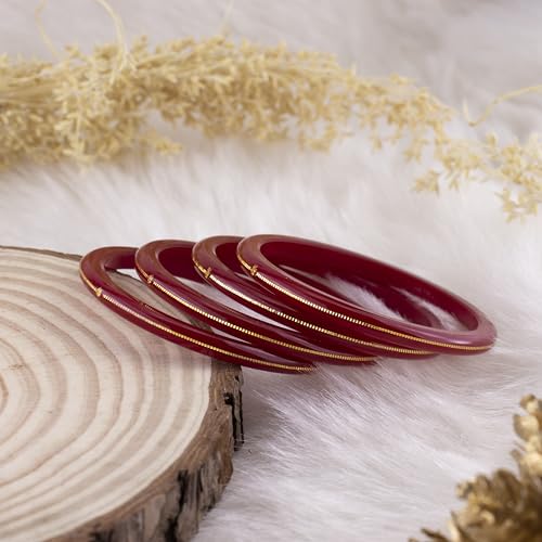 Image of Hem Jewels by Ashok Jewellers 22kt (916) Yellow Gold Bangles /Gold Handmade Chudi /Wedding Chooda for Women with Purity Certificate and 916 Stamp (Set of 4pcs) - Red