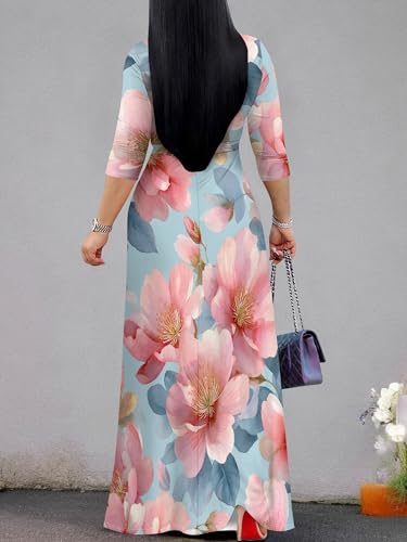 Image of SUZONANA Plus Size Dresses for Women Floral Print Maxi Dress Flowy 3 /4 Sleeve with Belt