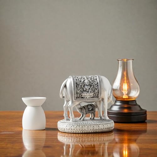 Image of MIND CIRCUS 999 Pure Silver Plated Kamdhenu Cow Idol | 2.5 inch to 6 Inch Vastu Home Decor for Pooja Room & Mandir | Symbol of Prosperity & Abundance | Ideal Religious & Spiritual Gift (2 Inch)