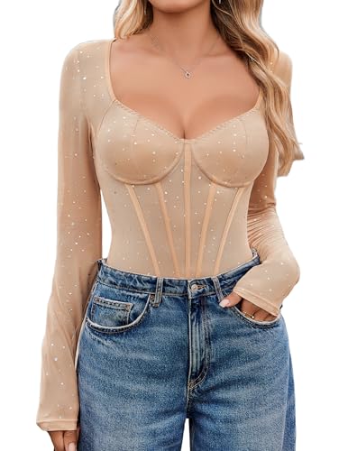 Avidlove Long Sleeve Bodysuit For Women Square Neck Body Suits Top Mesh Going Out Tops Fall Outfits