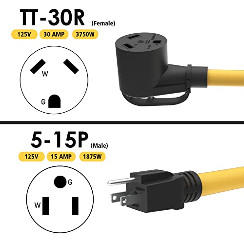 30 Amp To 15 Amp 110 Rv Adapter Cord, Nema 5-15P Male To Tt-30R Female Electrical Power Dogbone With Grip Handle, Heavy Duty Stw 10 Gauge For Rv Trailer Camper #TOP1