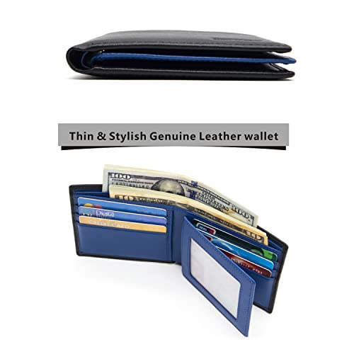 ANDOILT Slim Wallet for Men Genuine Leather RFID Blocking Bifold Ultra Strong Stitching Stylish Wallets with ID Window Black&blue4