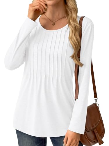 NORACORA Long Sleeve Pleated Tops for Women Dressy Casual Chic Crew Neck Blouses Shirts Loose Fit Trendy Fall Clothes 20254