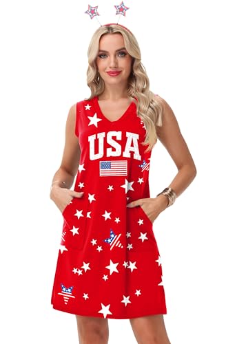 Image of Deerose Womens July 4th Sleeveless Dress American Flag Swim Cover Up Dress with Pockets