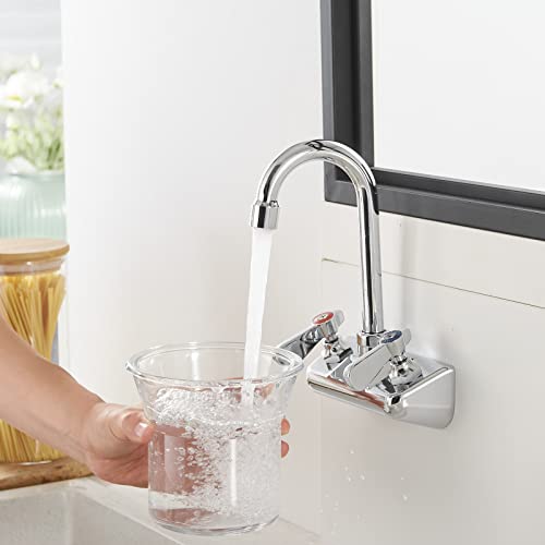Bathfinesse Kitchen Sink Faucet Wall Mount 4" Center Commercial Kitchen Sink Faucet With 3-1/2" Gooseneck Spout Two Lever Handles Brass Constructed Mixer Tap Chrome Polished #TOP1