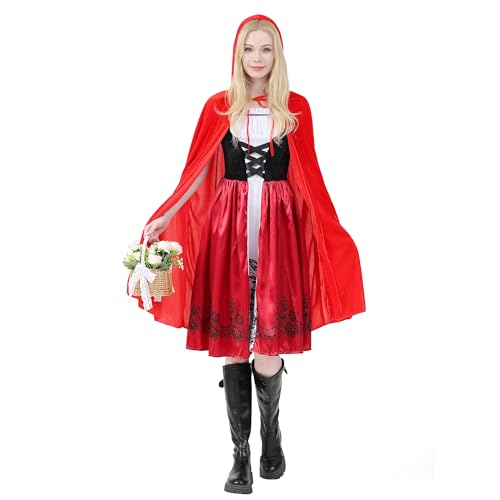 QiaoPkeb Damen Erwachsene Rotkäppchen Kostüm Rotkäppchen umhang Halloween Faschings Festlich Partykleid Cosplay Performance (XL)