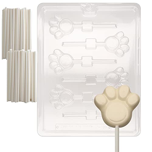 Cybrtrayd Paw Print Lolly Animal Chocolate Candy Mold with 50 4.5-Inch Lollipop Sticks