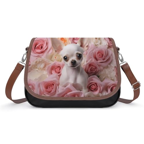Pet Dog Chihuahua with Rose Flower Women's Crossbody Bags PU Leather Bag Handbags Mini Shoulder Bag Messenger Bag