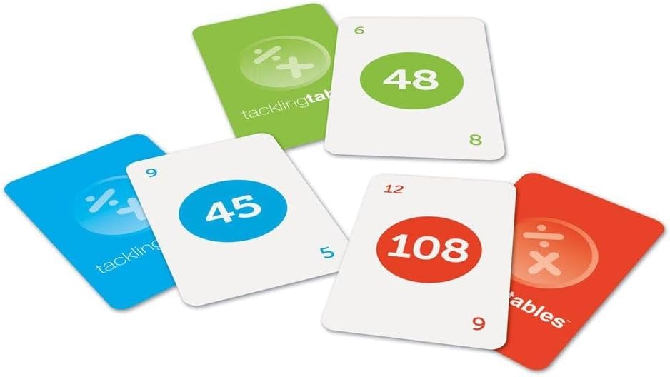 Several Tacklingtables cards laid out, showing different multiplication and division facts with color-coded results.