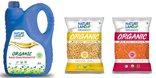 Image of Natureland Organics Mustard Oil Jar, 5 L & Arhar /Toor Dal Pouch, 1 kg & INLIFE Coenzyme Q10 CoQ10 200mg with Bioperine (Piperine) 8mg Supplement - 60 Vegetarian Capsules (Pack of 1)