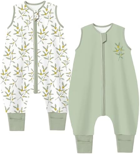 Chilsuessy Baby Schlafsack mit Füßen 2er Pack 1 Tog Kinder Sommer Schlafsack mit Beinen 100% Baumwolle Schlafstrampler für Jungen Mädchen, 1 Tog/Pflanzen Set, 90cm/Baby Höhe 100-11