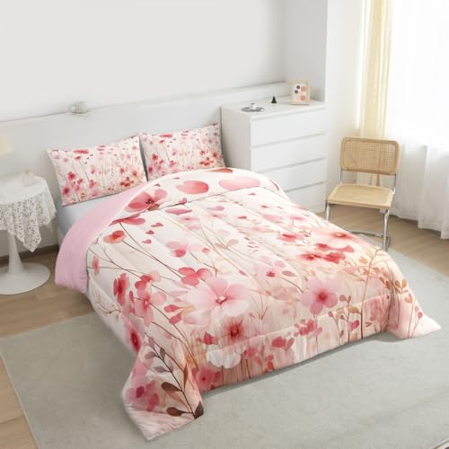 Image of Erosebridal Poppy Flowers King Comforter Set Pink Valentine Bedding Set for Kids Teens Romantic Love Heart Shaped Bed Set Spring Floral Quilt Duvet