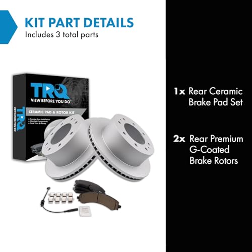 Image of TRQ Rear Brake Pad & Rotor Kit Ceramic Premium G-Coated Compatible with 2020-2022 Chevrolet Silverado 2500 HD Silverado 3500 HD GMC Sierra 2500 HD Sierra 3500 HD