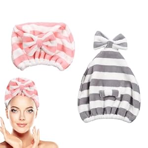 TERRIFI Microfiber Hair Towel Cap – 2 Pack Rapid Drying Towel For Hair for Wet Hair, Hair Care Accessory, Ultra Soft Super Absorbent Hair Drying Towel Turban,Cute Gray&Pink Bow Hair Towel Wrap