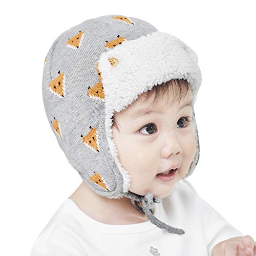 Image of Baby Toddler Kids Winter Hat Cute Cartoon Crochet Knit Fleece Lining Cap Windproof Warm Earmuffs Skiing Cap with Ear Flap for Girls Boys 1-4 Yr (Fox)