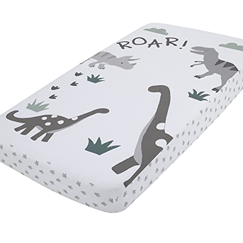 Image of NoJo Baby-Saurus Photo Op Roar White, Gray, and Green Dinosaur with Clouds Nursery Fitted Crib Sheet