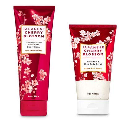 Bath and Body Works Japanese Cherry Blossom Body Care Set. Body Scrub 8 Oz and Ultra Shea Body Cream 8 Oz.