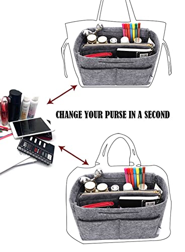 Image of Felt Purse Insert Handbag Organizer Bag in Bag Organizer with zipper Bag Tote Shaper for Speedy Neverfull 8021 Gray M