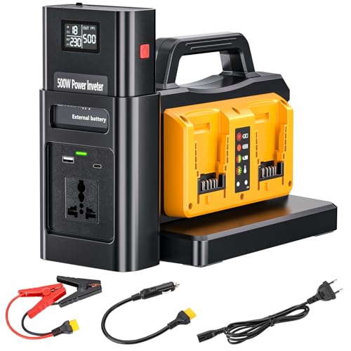 2-in-1 Wechselrichter Ladegerät für DeWalt 18V Akku 500W Spannungswandler 4-Port DC 18V Auf AC 230V Reiner Sinus Wechselrichter Stromwandler für Camping Wohnmobil(Batterie Nicht Enthalten)