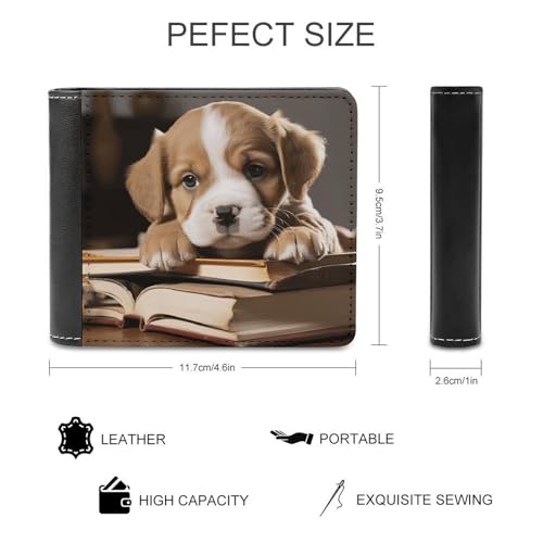 Men's Leather Wallet Bifold Wallet for Men Puppy Dog with Book Slim Wallet with Multiple Card Classic Passcase Mens Card Holder2