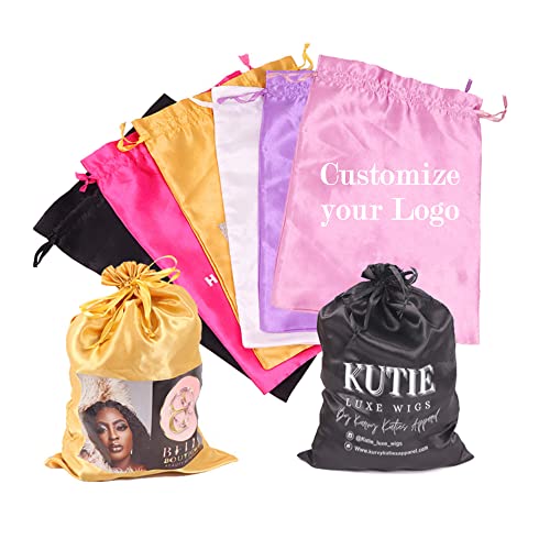 Custom Printed Wig Storage Satin Bags with Drawstring, 20-100 Pcs/Lot Personalized Logo Silk Hair Bag For Hair Bundles Headband Wig Lace Wig, Pouches Gift Cosmetic Bags (50Pcs/Lot, White)
