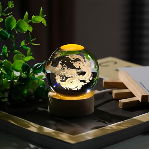 Image of Arikyrist 3D Dragon Figurines Crystal Ball with Wooden Base, 3D Laser Engraved Dragon Statue Decorative Glass Balls Paperweight Crystal Chinese Dragon Figurines Decor Gifts for Women