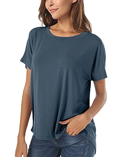 Image of Women's Casual Tshirt Wide Neck Short Sleeve Well Made Hi Low Loose Fit Shirts with Side Slit Dusty Blue XX-Large