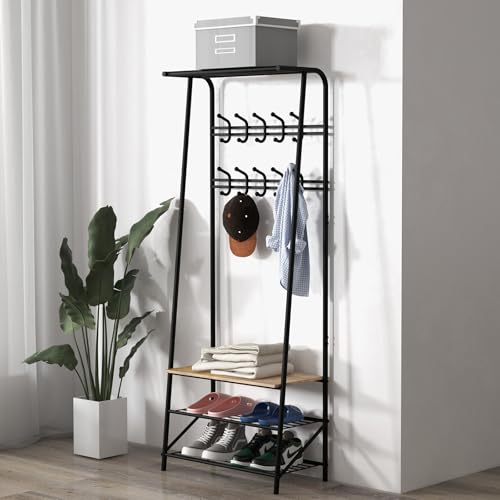 OPULENTHOME 4 en 1 Vestiaire Entrée,Porte-Manteau avec Étagère à Chaussures, Meuble d Entrée avec Banc,64X29X180CM,avec 3 Étagères à Chaussures et 10...