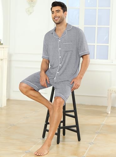 Image of Veseacky Men's Button Down Pajama Set Short Sleeve Shorts Modal Soft Sleepwear Loungewear Pjs with Pockets S-XXL