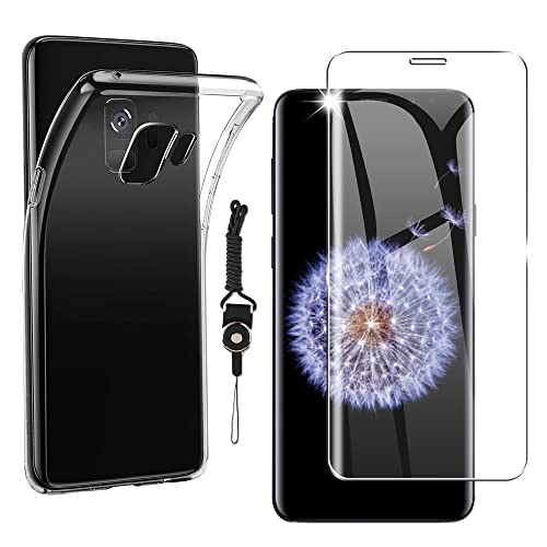 【Galaxy S9 用の ガラスフィルム + Galaxy S9 ケース クリア】 日本製素材旭硝子製 SC-02K SCV38 強化ガラス 指紋認証対応 ガラスフィルム 旭硝子素材9H硬度 液晶保護フィルム + ケース クリア 全透明 カバー TPU 耐衝撃 柔らかい すり傷防 Galaxy S9