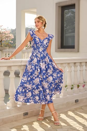 Image of GRACE KARIN Women's Summer Floral Maxi Dress 2026 Ruffle Sleeve Smocked Sundress Flowy Wedding Guest Long Dresses with Pocket