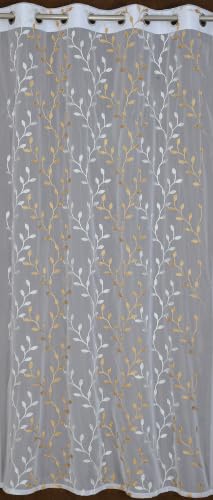 Image of Fabrilia Sheer Tissue Embroidery Curtain for Living Room, Bedroom & Dining Area | Leaf Vine Pattern Net Eyelet Curtain | White with Gold Touch Design | 5 feet Long Set of 2 Curtain