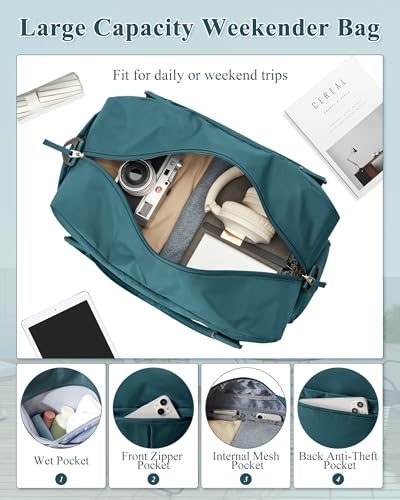 Image of Weekender Travel Bag for Women & Men - Personal Item with Shoes Compartment, Carry-On for Airplanes, Overnight & Gym Bag - Peacock Blue
