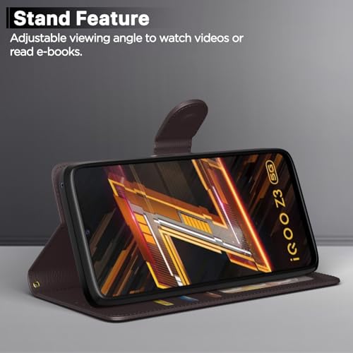 Image of Pikkme IQOO Z3 5G Flip Case Leather Finish | Inside TPU with Card Pockets | Wallet Stand and Shock Proof | Magnetic Closing | Complete Protection Flip Cover for IQOO Z3 5G (Coffee)