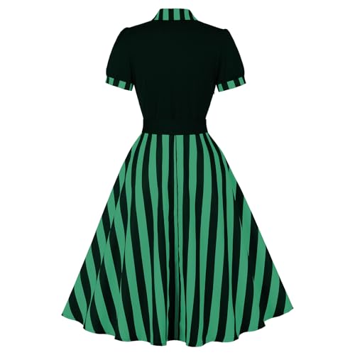 Image of ODIZLI Women's 1950s Retro Dress Short Sleeve Notched Lapel Polka Dot Stripe Swing Dress with Belt Cocktail Dress
