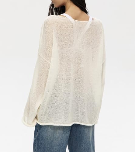Image of Sweters for Women, Womens Sweater, O-Neck Solid Color See Through Pullover Jumper Shirt Beach