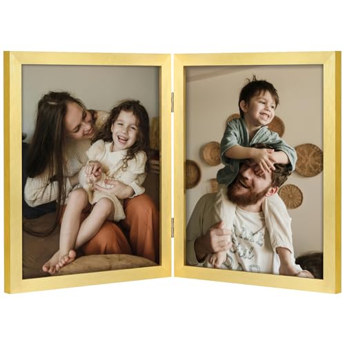 decorUhome Double 8x10 Picture Frame Vertical, Engineered Wood Bifold Photo Frame with Plexiglass for Tabletop Display, 8x10, Gold