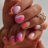 Ombre Pink Purple Press on Nails Short Square Fake Nails with Designs Gradient Orange False Nails Glossy White Stick on Nail Reusable Rainbow Summer Glue on Nail for Women Girls Manicure 24Pcs