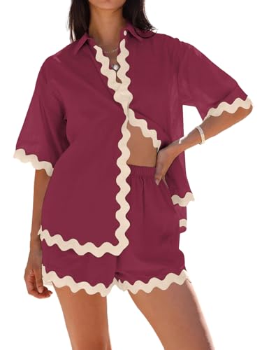 Image of Danedvi Womens 2 Piece Outfits Beach Vacation Summer Short Sleeve Button Down Shirts and Shorts Lounge Sets