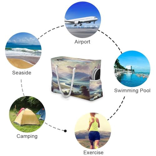 River Mountains Teal Beach Tote Bag for Women Waterproof Swim Pool Extra Large Beach Bags with Zipper Carry On Travel Bag for Grocery Vacation Essentials Yoga Nurse Gym4