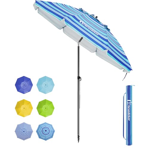 Grandekor Sonnenschirm Ø180cm winddichter Strandschirm Gartenschirm Marktschirm, Terrassenschirm mit Bodenhülse & Drehstange & Schutzhülle, Sonnenschutz UV50+ Dunkel-Hellblaue und Weiße Streifen Rund
